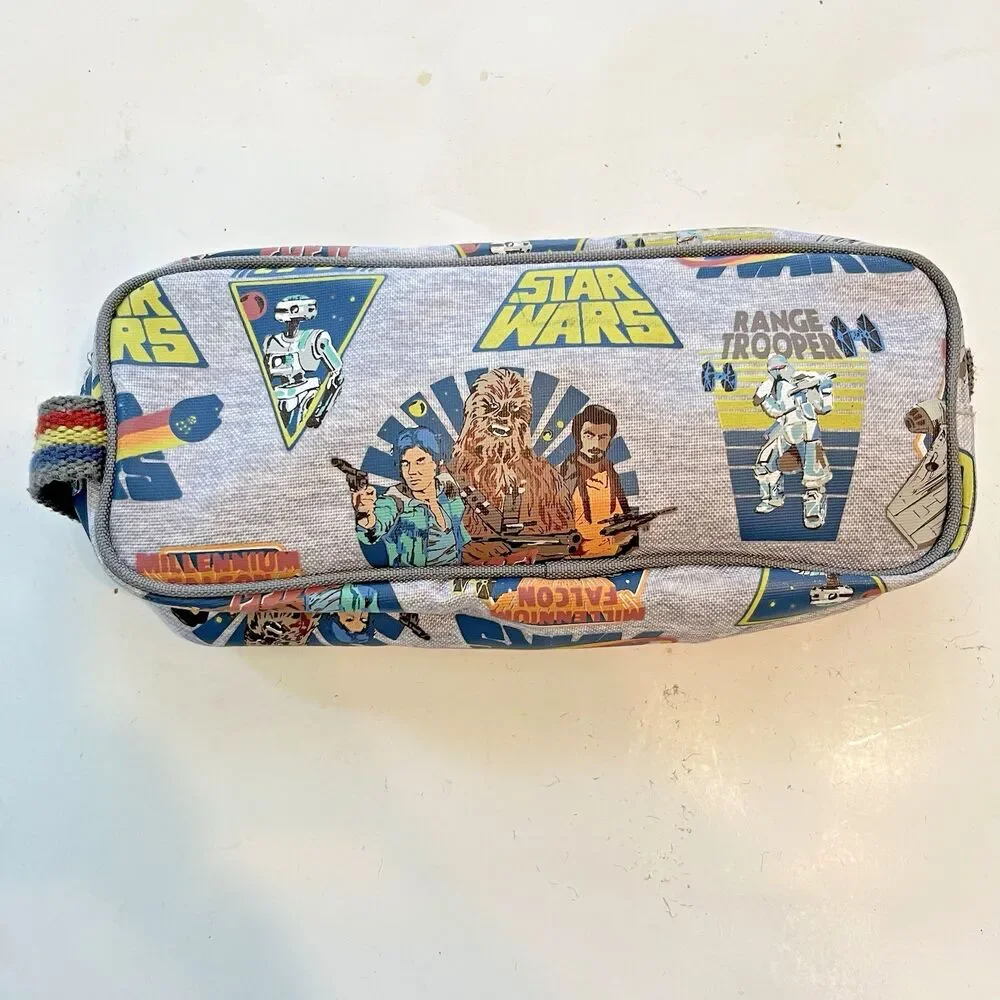 Pottery Barn School STAR WARS SOLO PENCIL CASE Hans Solo Chewbacca Gray Blue Zip